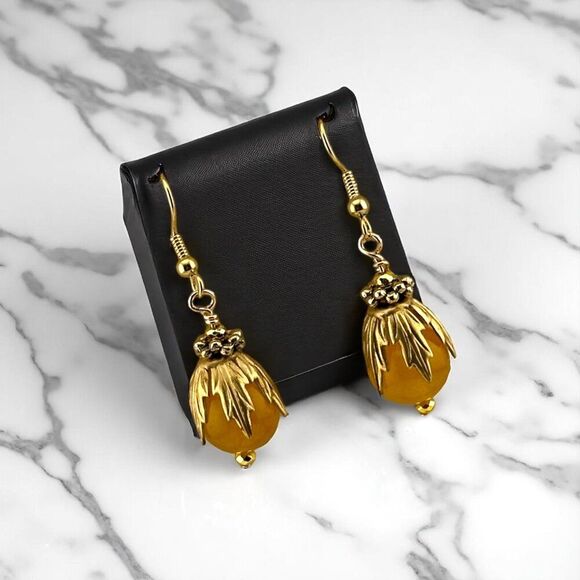 Natural Yellow Jade Earrings Gold Plated - Picture 2 of 8